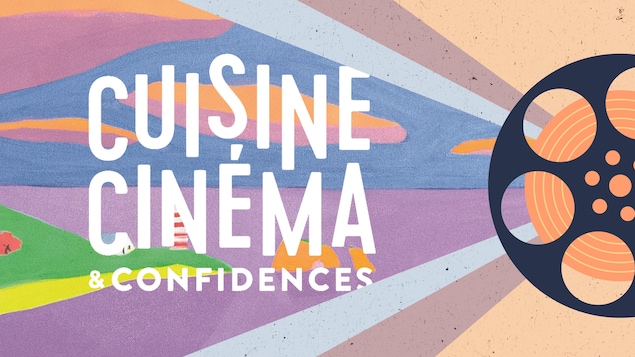 Le logo du festival Cuisine, cinéma et confidences sur un fond coloré avec une bobine de film. 