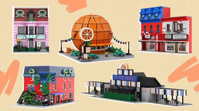 Photomontage montrant plusieurs modèles réduits de restaurants en Lego.