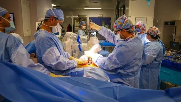Un equipo quirúrgico del Centro de Ciencias de la Salud Queen Elizabeth II utiliza un brazo robótico para la cirugía de la columna vertebral. 