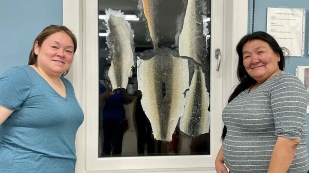 Dos mujeres inuit aprenden a curtir piel de pescado.