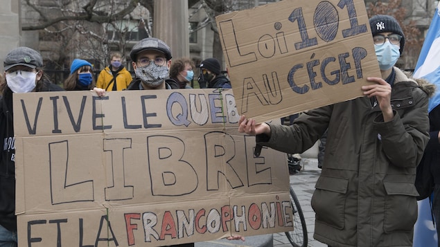 Des manifestants masqués, pendant la pandémie de COVID-19, tiennent des pancartes où sont écrits : "Vive le Québec Livre et la francophonie" ainsi que "Loi 101 au Cégep".