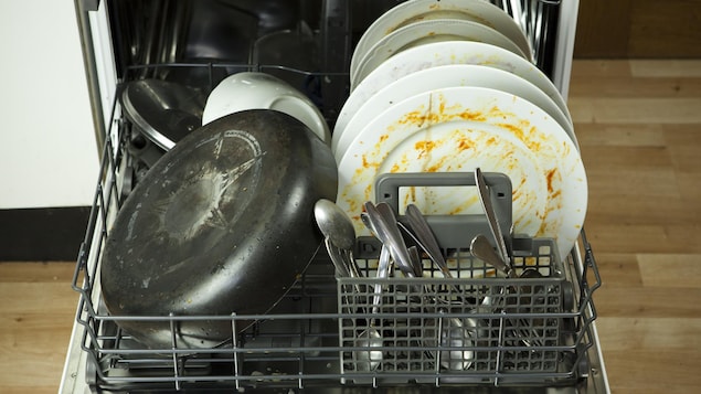 dirty dishware in dishwasher, with pan, plates, cutlery