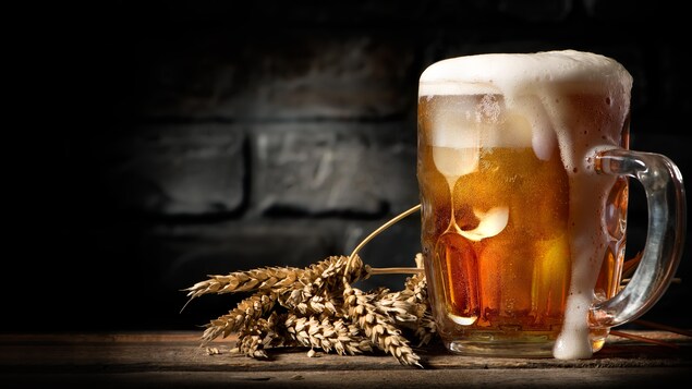 Une bière avec de la mousse qui dépasse sur une table en bois avec quelques germes de blé.