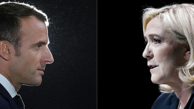 Emmanuel Macron et Marine Le Pen vus de profil et se faisant face.
