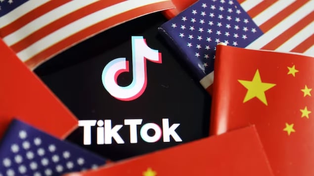 Logo de TikTok entouré de drapaux chinois et américains.
