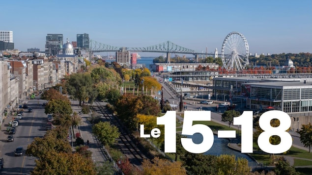Une vue aérienne du Vieux-Montréal avec le pont Jacques-Cartier et la grande roue.