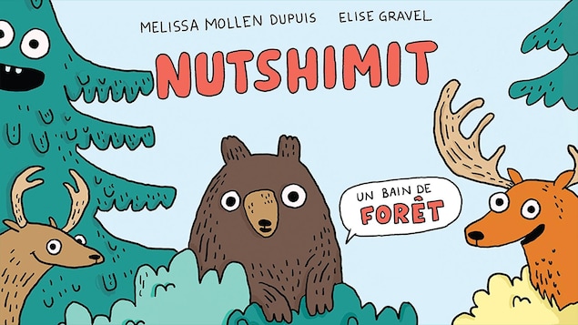 Un dessin de forêt avec des arbres et des animaux dans la forêt, et le texte Nutshimit et Un bain de forêt.