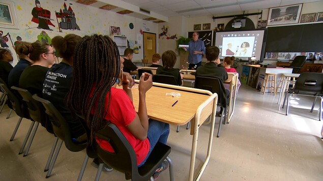 Classe de jeunes à l'école secondaire, vue de dos. Un enseignant est debout devant la classe, un tableau vert derrière lui. 