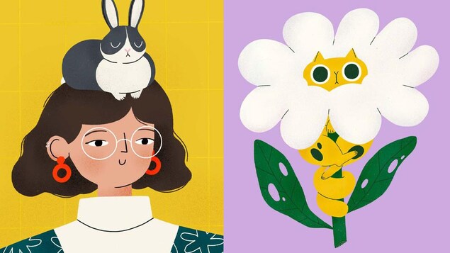 Deux illustrations réalisées par Stéphanie Savard : un autoportrait de la dessinatrice avec un lapin sur la tête, et une fleur avec un chat dedans.