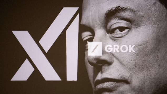 Le visage d'Elon Musk avec des logos de xAI et de Grok.