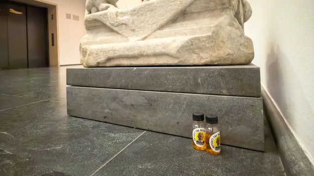 Au sol à côté d'une statue, des bouteille avec une étiquette arborant le visage hilare de Jeff Bezos contiennent un liquide qui s'apparente à de l'urine.
