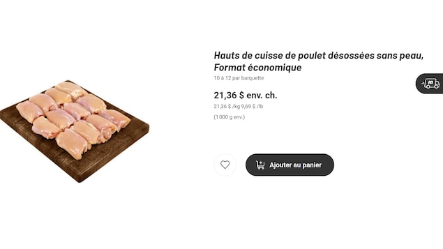 Un paquet de hauts de cuisse de poulet désossées sans peau, en format économique, vendu 21,36 $ sur le site web de l'épicier Metro.