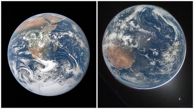 Côte à côte, deux photos de la Terre vue de l'espace.