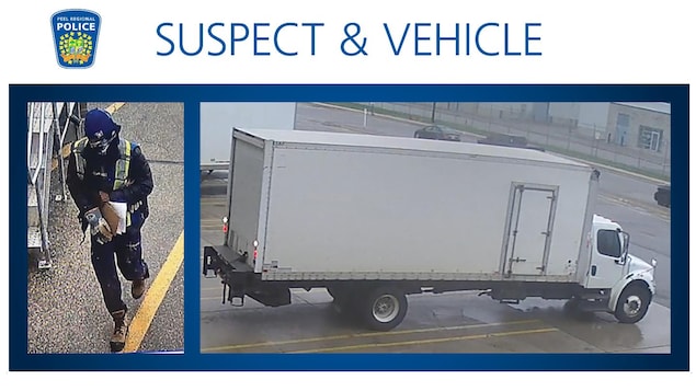 Surveillance camera images of the suspect and the truck used in the theft, released by police.