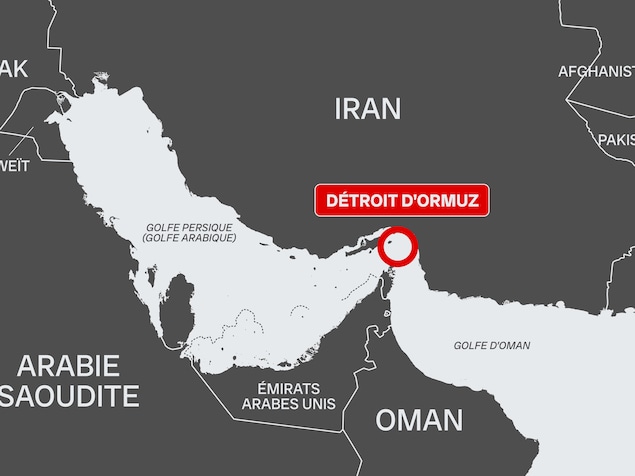 Carte géographique sur laquelle on voit le détroit d'Ormuz et les pays avoisinants.