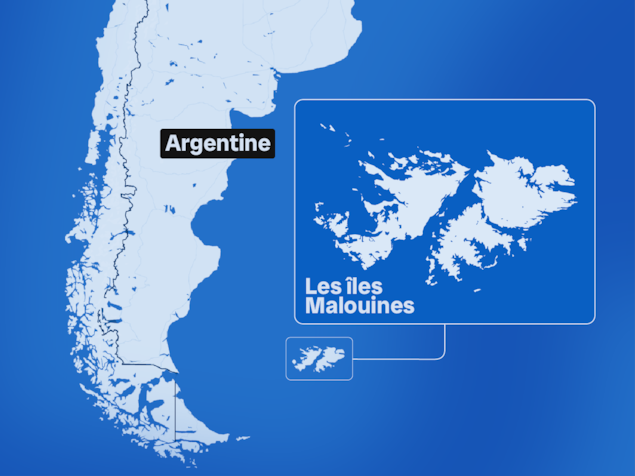 Une carte montrant l'emplacement des Malouines par rapport à l'Argentine.
