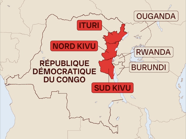 Une carte des provinces touchées par l'éclosion d'Ebola en Afrique centrale. La province d'Ituri constitue le foyer du virus.