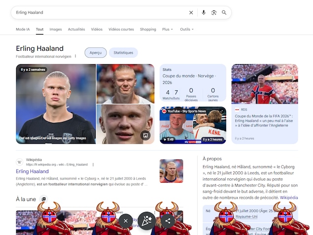 Une animation avec des rameurs vikings norvégiens sur Google lors d'une recherche du nom Erling Haaland.