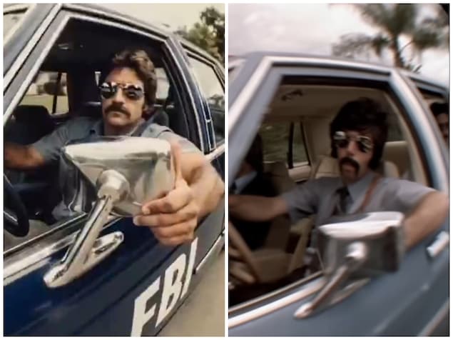 Montage photo où on voit, côte à côte, des images semblables d'un policier moustachu au volant d'une voiture.