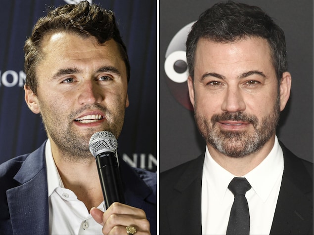 Montage photo avec Charlie Kirk à gauche et Jimmy Kimmel à droite.