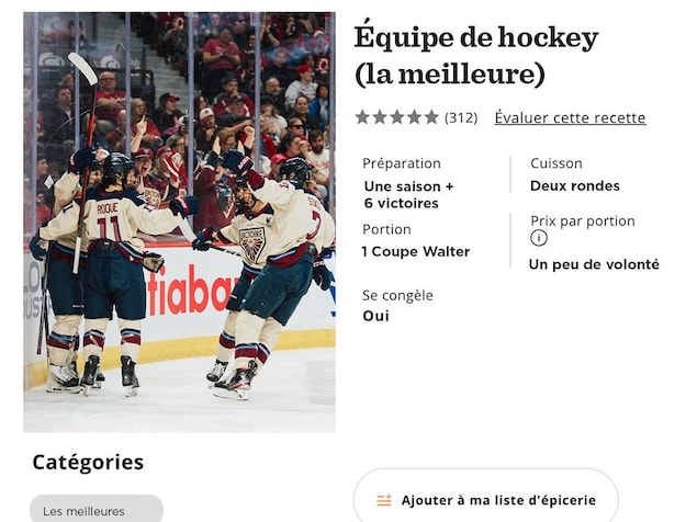 Capture d'écran d'une fausse recette d'équipe de hockey