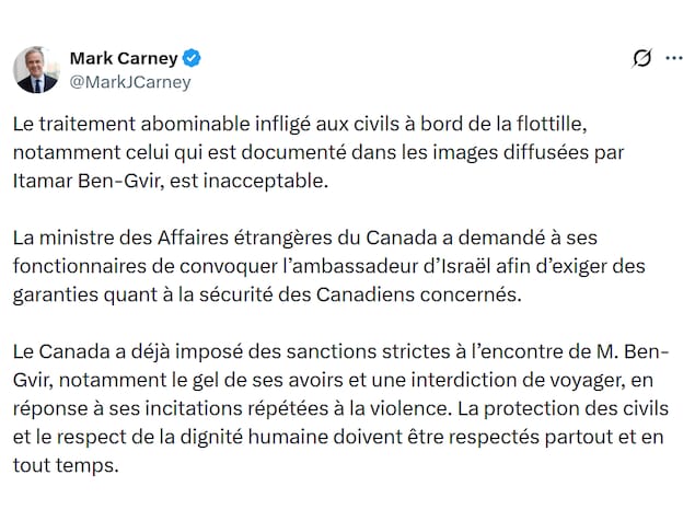 Un tweet de Mark Carney dénonçant une vidéo mise en ligne par le ministre israélien de la Sécurité nationale.