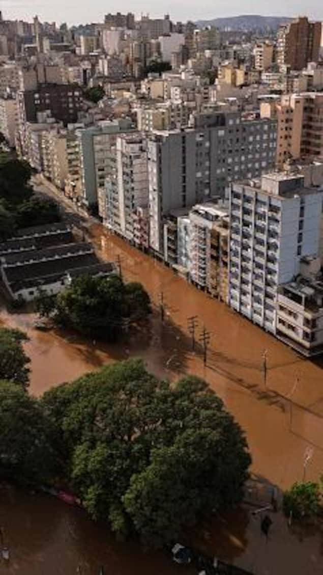 Aerial view of a flooded area of Porto Alegre, Rio Grande do Sul state, Brazil, taken on May 8, 2024. The worst natural calamity ever to hit the state of Rio Grande do Sul has claimed at least 95 lives, with 372 people reported injured and 131 still missing, according to the civil defense force that handles disaster relief. (Photo by Nelson ALMEIDA / AFP) (Photo by NELSON ALMEIDA/AFP via Getty Images)