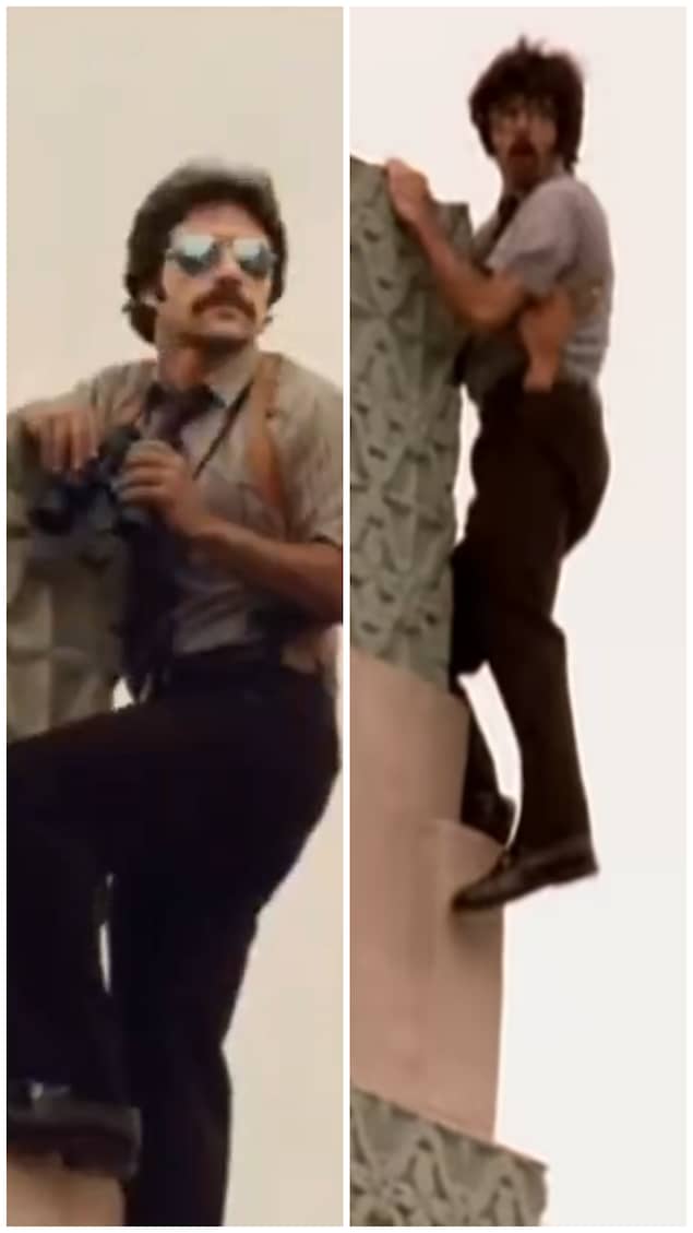 Collage photo où on voit les images semblables d'un policier moustachu accroché au toit d'un immeuble.