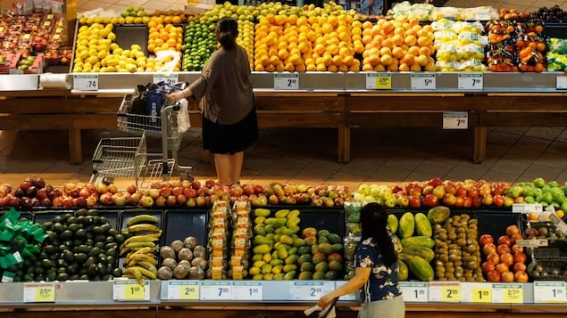 A woman pushing a shopping cart looks at the mounds of fresh produce in a grocery store.