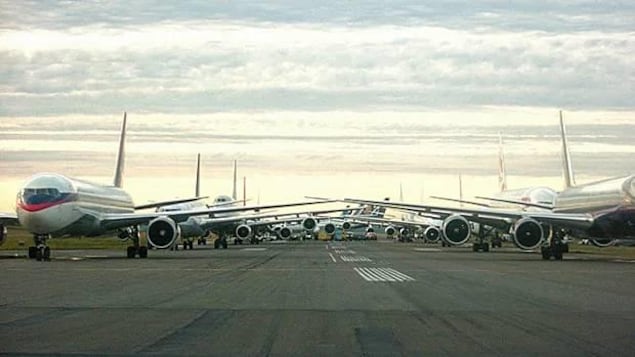 Des avions en rang sur la piste, leurs ailes très près les unes des autres.
