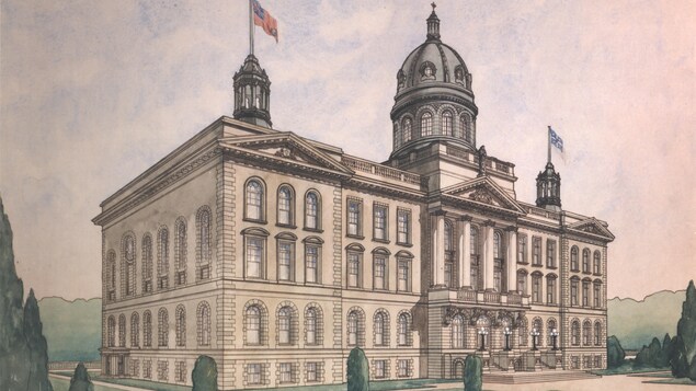 Le dessin d'un bâtiment rectangulaire en pierre de quatre étages avec une grande coupole au milieu de son toit. Le dessin d'un bâtiment rectangulaire en pierre de quatre étages avec une grande coupole au milieu de son toit.