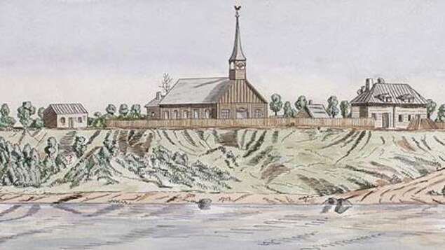 Dessin montrant des bâtiments de bois, dont une église munie d'un clocher. Dessin montrant des bâtiments de bois, dont une église munie d'un clocher.