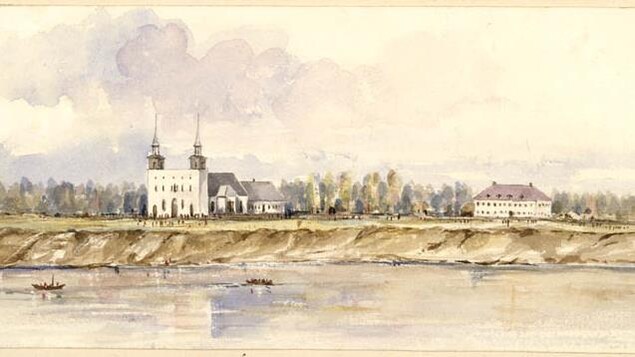 Dessin à l'aquarelle d'une grande église sur le bord d'une rivière avec un autre bâtiment sur la droite, Dessin à l'aquarelle d'une grande église sur le bord d'une rivière avec un autre bâtiment sur la droite,