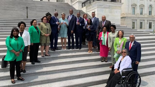 Grupo de personas en las escaleras del Congreso estadounidense.
