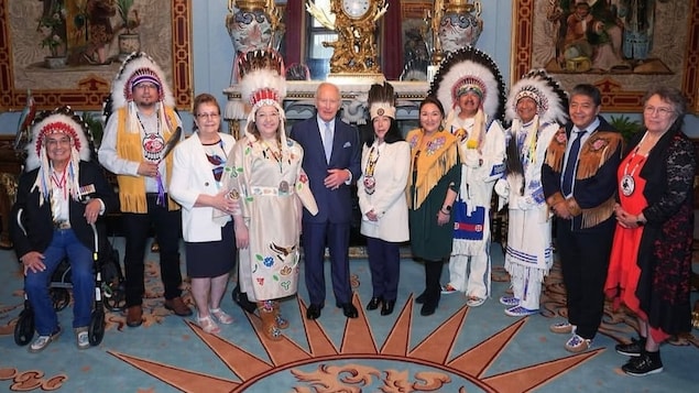 First Nations leaders meet King Charles Tuesday at Buckingham Palace. From left, Wilton Littlechild, Willie Moore, Lorette Woodhouse, Cindy Woodhouse Nepinak, King Charles, Joanna Bernard, Math'ieya Alatini, Bobby Cameron, Darcy Dixon, George Mackenzie, and Margaret Swan. 