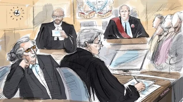 Fashion mogul Peter Nygard, left, is shown in a court sketch from last Thursday as jury selection got underway in Toronto for his sex assault trial. (Alexandra Newbould/The Canadian Press)