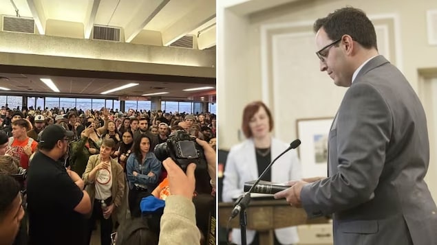 Controversial academic Frances Widdowson, pictured in the left of this photo wearing a shirt that reads 'Rational Space,' arrived at the University of Lethbridge on Wednesday after days of pushback from students and faculty. Alberta Advanced Education Minister Demetrios Nicolaides, pictured in a file photo at right, says new rules are coming on university campuses in Alberta. (Sarah Jones/Lethbridge News Now, Jason Franson/The Canadian Press)
