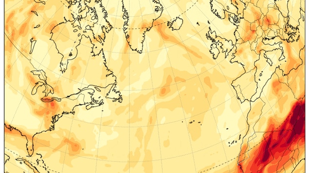An animation of CAMS total aerosol optical depth analyses — or how much particles from things like smoke are blocking sunlight — over the North Atlantic May 22 to June 2. 