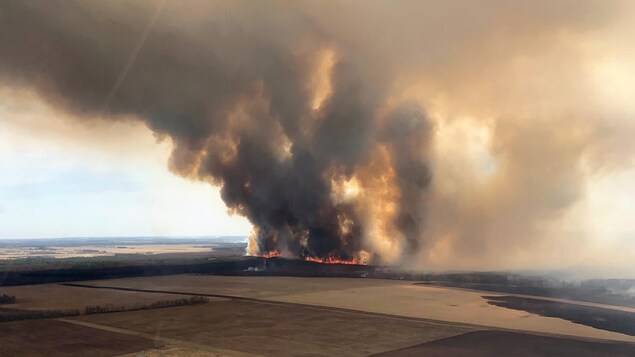 Un panache de fumée noire se dégage d'un grand feu de broussailles en Alberta, le dimanche 30 avril 2023.