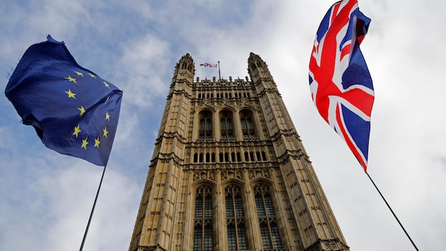 Le parlement britannique avec le drapeau du Royaume-Uni et de l'Union européenne.