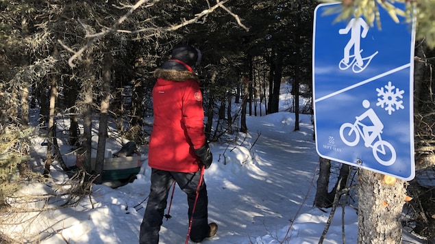 Une personnes marche dans un sentier enneigé.