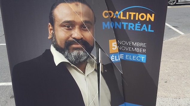 L'affiche vandalisée du candidat municipal Mohammad Yousuf, dans Parc-Extension, qui a été déchirée. L'affiche vandalisée du candidat municipal Mohammad Yousuf, dans Parc-Extension, qui a été déchirée.