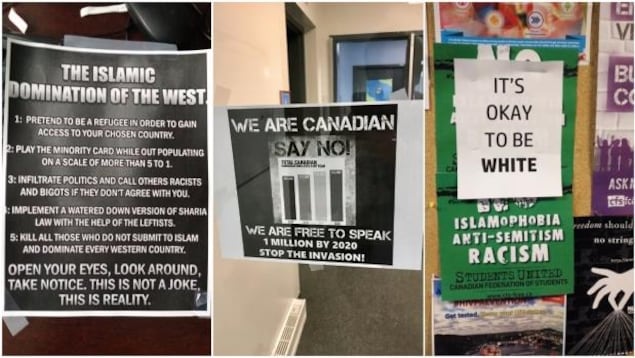 Des affiches islamophobes et contre l'immigration ont été trouvées sur le campus au cours du dernier mois. Des affiches islamophobes et contre l'immigration ont été trouvées sur le campus au cours du dernier mois.
