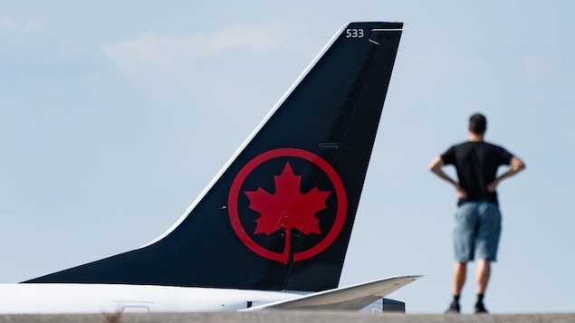 Une personne debout sur un tarmac regarde un avion d'Air Canada.