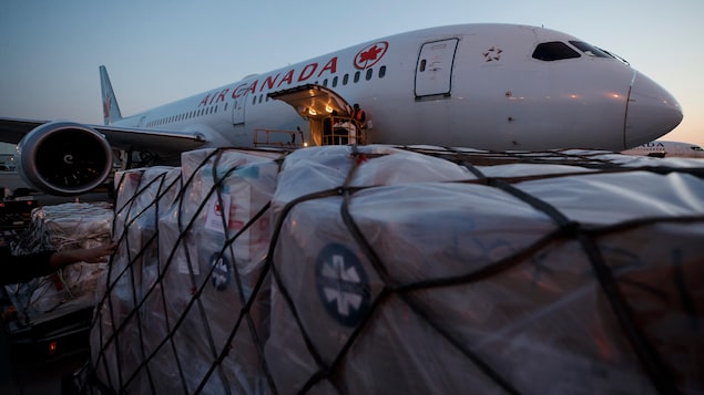 Un avion d'Air Canada et des chargements de matériel médical sur le tarmac.