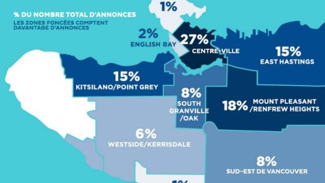 Une carte représentant les zones où les logements à court terme sont les plus nombreux. Une carte représentant les zones où les logements à court terme sont les plus nombreux.