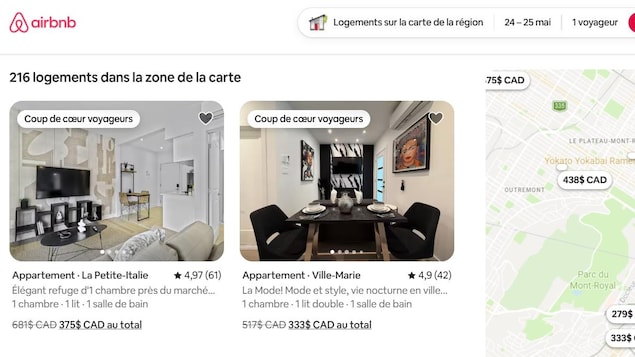 Une carte de Montréal recensant 216 annonces.