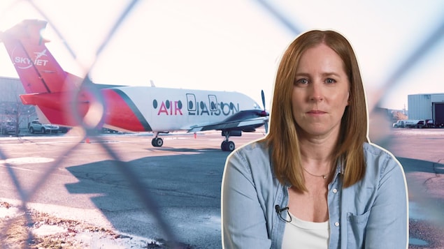Montage de la journaliste de l'émission « Enquête » Maude Montembeault devant un avion. 
