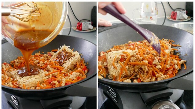 Ajouter les nouilles chinoises. Ajouter les nouilles chinoises.