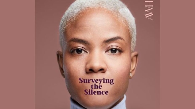 Poster of a woman, her mouth erased, with the words "Surveying the Silence".
